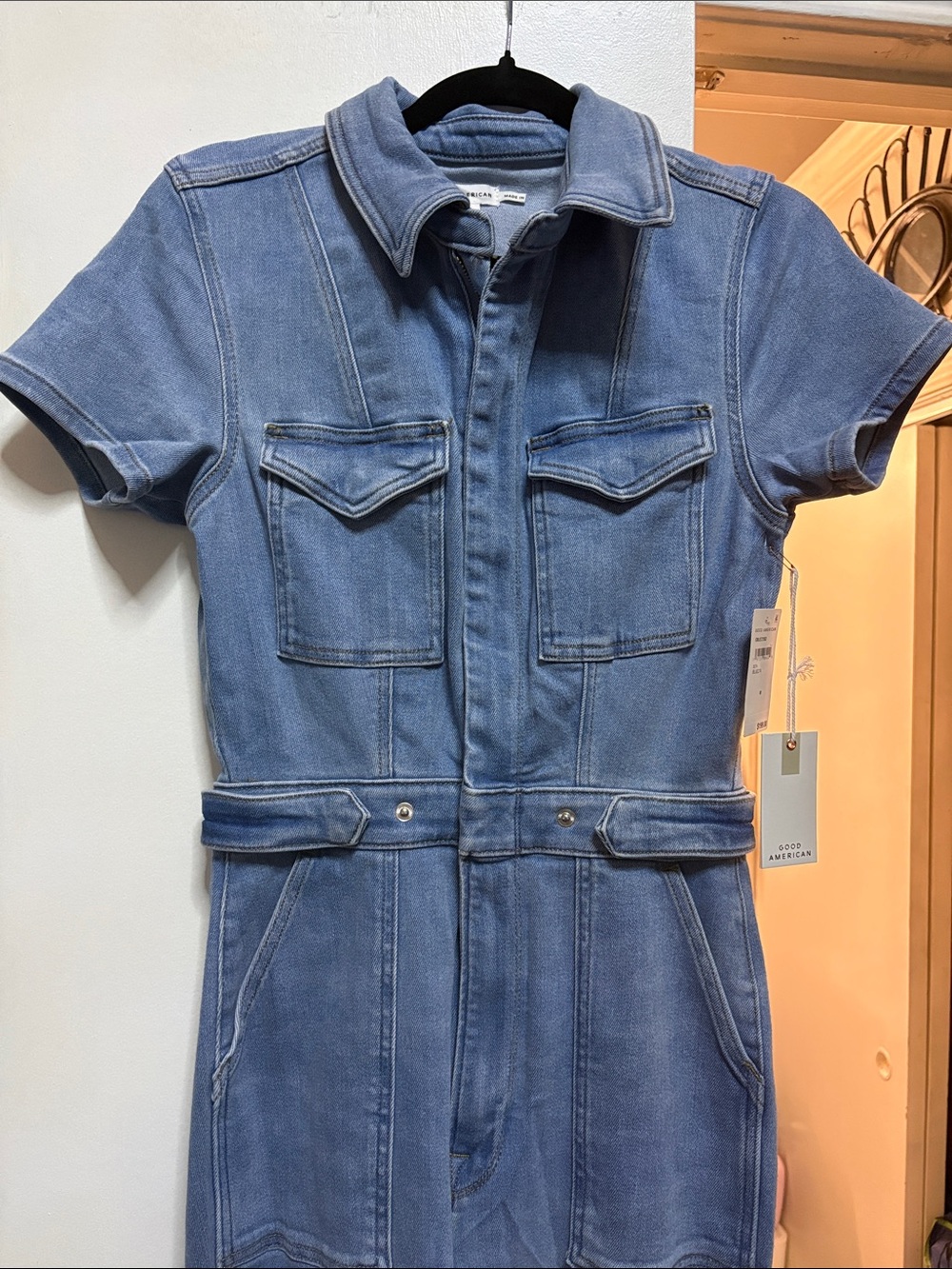 Good American Light Blue Denim Short-Sleeve One-Piece